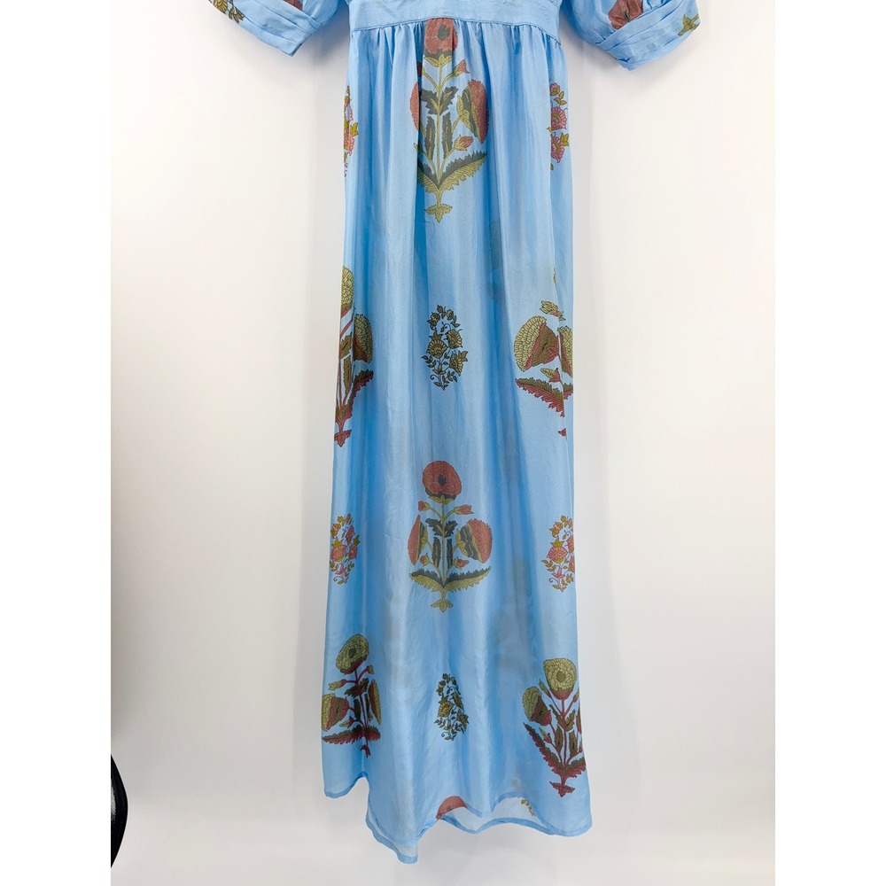 B43 Hannah Artwear Surya Floral Silk Maxi Dress Womens 1 US 6 Blue Puff Sleeve - Picture 7 of 15